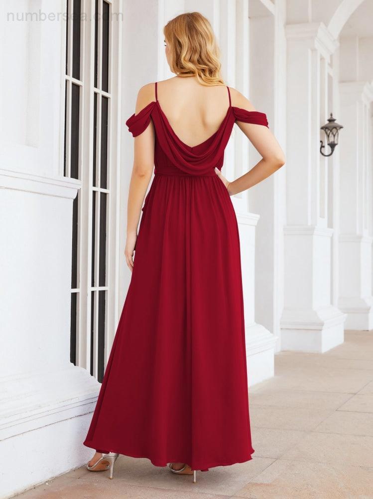 Numbersea Off The Shoulder Chiffon Bridesmaid Dress Long Formal Graduation Gown with Cowl Back 28069-numbersea
