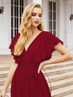 Numbersea Women's Open Back Formal Evening Party Prom Gowns V-Neck Long Chiffon Bridesmaid Dresses with Waist Belt 28038-numbersea