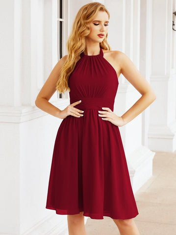 Numbersea Halter Chiffon Vestidos de dama de honor Cortos Sin mangas Vestido de fiesta formal Espalda abierta 28023 