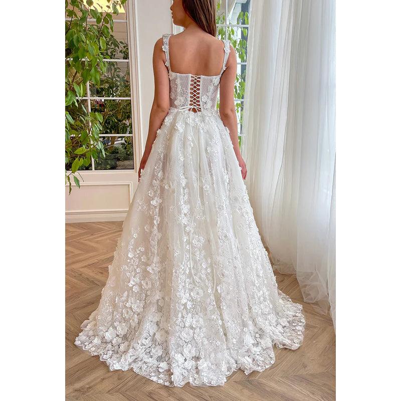 Vestido de noche largo de fiesta con escote cuadrado, apliques de encaje y tul, corte A y abertura 