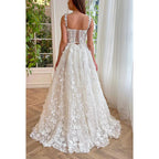 Vestido de noche largo de fiesta con escote cuadrado, apliques de encaje y tul, corte A y abertura 