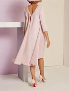 Zweiteiliges, elegantes Etuikleid für formelle Hochzeitsgäste, elegantes Kleid mit Rundhalsausschnitt, knielang, mit Pailletten besetzt, italienischer Satin, 3/4-Ärmel, mit Kristallen und Perlen besetzt, Kleid für die Mutter der Braut