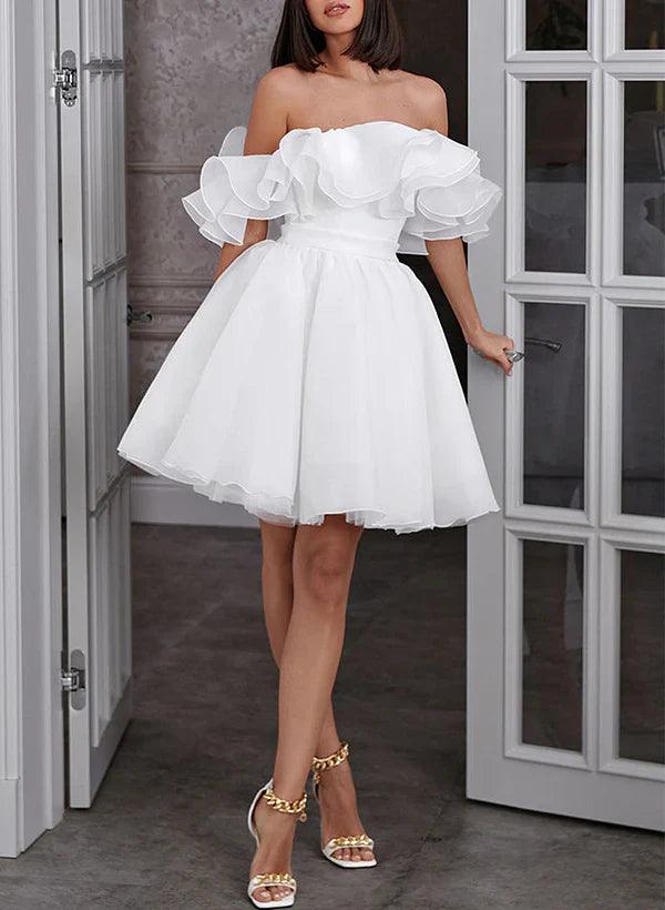 Vestidos de novia Línea A Hombros descubiertos Sin mangas Corto Mini Organza