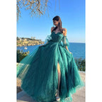 Glamouröses und dramatisches A-Linien-Kleid mit kurzen Ärmeln, schulterfrei, funkelndem Tüll, für formelle Partys und Abschlussbälle