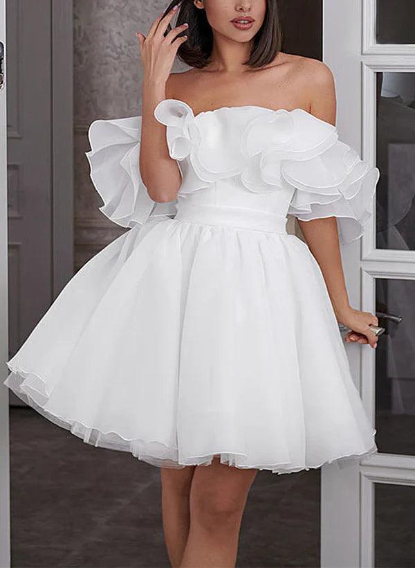 Vestidos de novia Línea A Hombros descubiertos Sin mangas Corto Mini Organza
