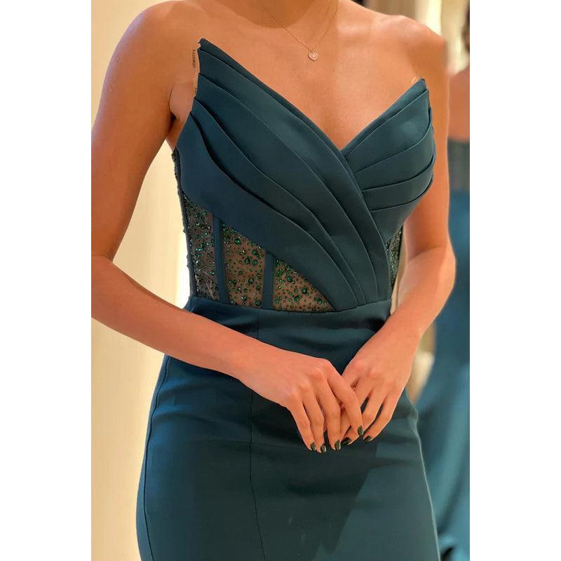 Vestido de noche largo de fiesta con escote en V, sin tirantes, fruncido, con cuentas y transparencias