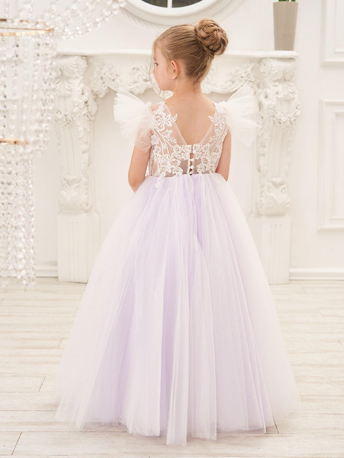 Vestido de niña de las flores con cola larga y tul con encaje desmontable 