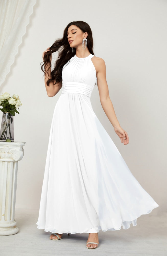 Numbersea Formal Party Gown Dress Chiffon Halter Long Sleeveless Bridesmaid Dresses 2802 White