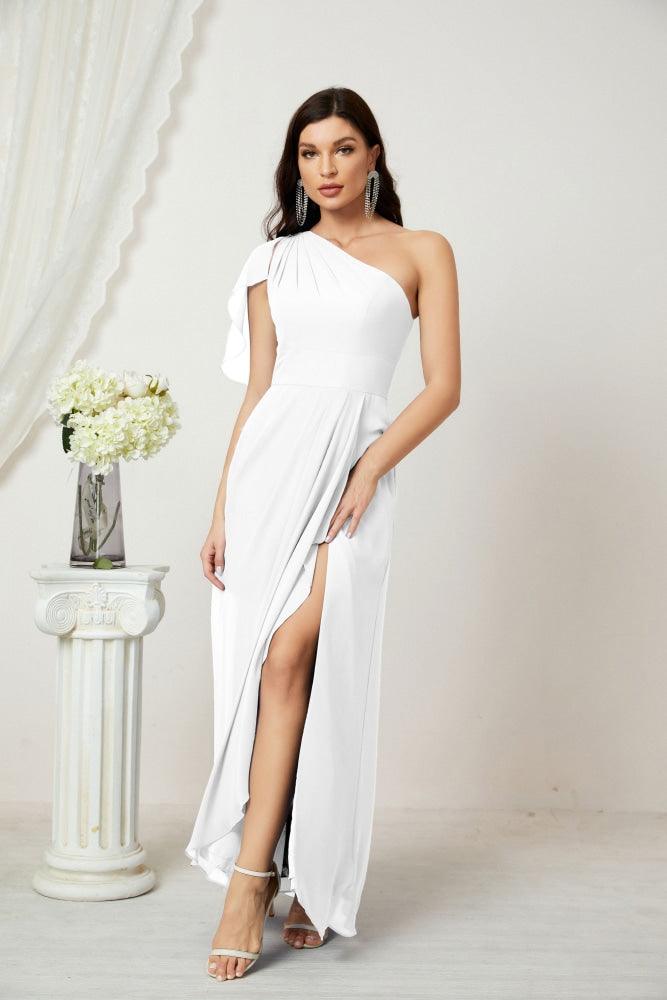 Numbersea Chiffon Ruffled One Shoulder Long Bridesmaid Dresses A-line Formal Evening Gown Side Split 2809-numbersea