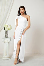 Numbersea Chiffon Ruffled One Shoulder Long Bridesmaid Dresses A-line Formal Evening Gown Side Split 2809-numbersea