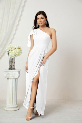 Numbersea Chiffon Ruffled One Shoulder Long Bridesmaid Dresses A-line Formal Evening Gown Side Split 2809-numbersea