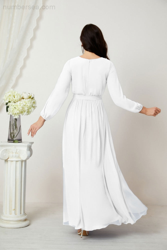Numbersea Evening Dresses Deep V-Neck Chiffon Bridesmaid Dresses Long Bishop Sleeve Side Split Formal Dress 2806-numbersea