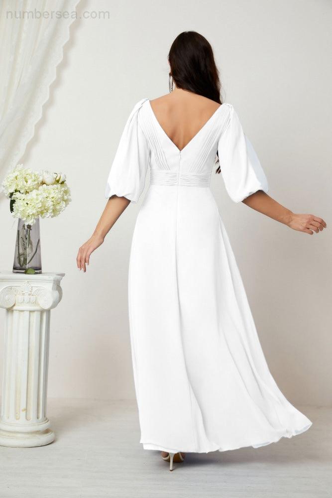 Numbersea Formal Prom Gown Women V-Neck Chiffon Bridesmaid Dresses Long Bishop Sleeve Party Dress 2807-numbersea