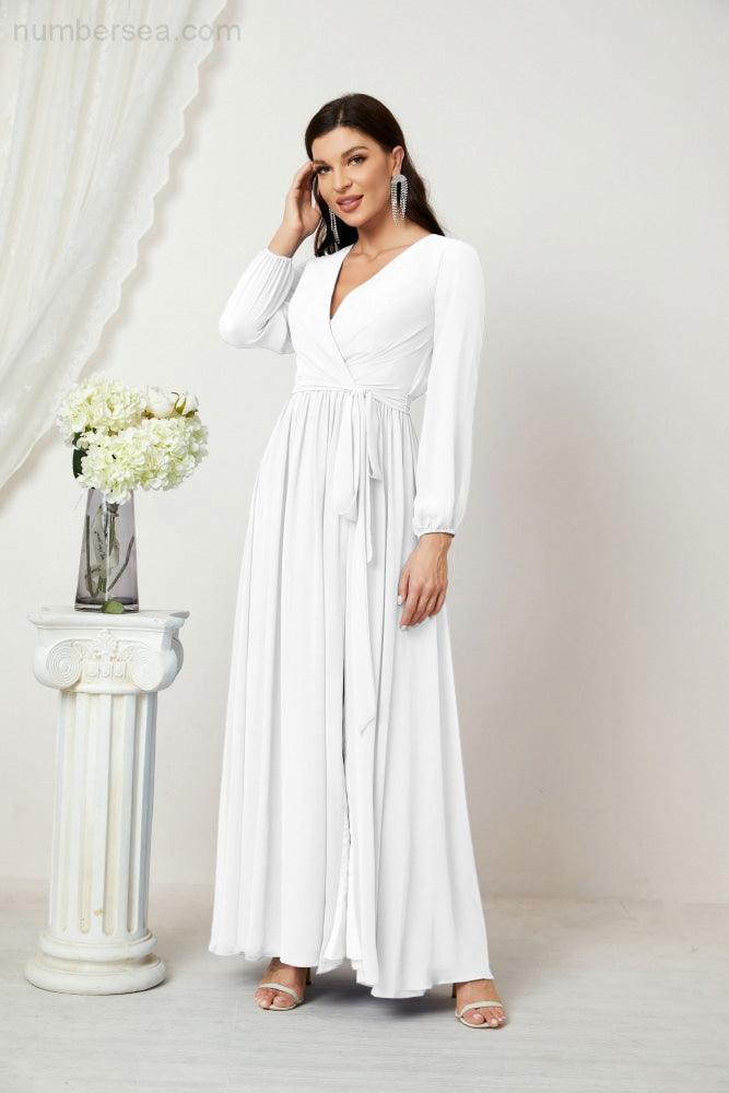 Numbersea Evening Dresses Deep V-Neck Chiffon Bridesmaid Dresses Long Bishop Sleeve Side Split Formal Dress 2806-numbersea