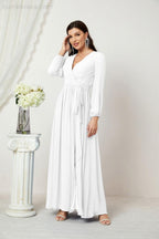 Numbersea Evening Dresses Deep V-Neck Chiffon Bridesmaid Dresses Long Bishop Sleeve Side Split Formal Dress 2806-numbersea
