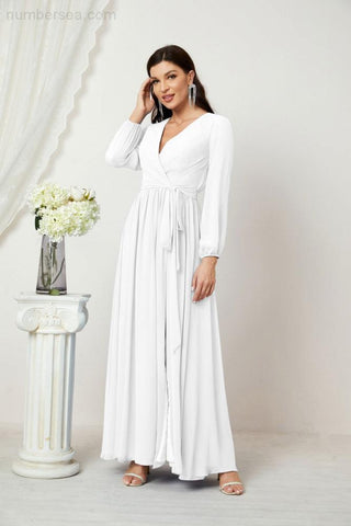 Numbersea Evening Dresses Deep V-Neck Chiffon Bridesmaid Dresses Long Bishop Sleeve Side Split Formal Dress 2806-numbersea