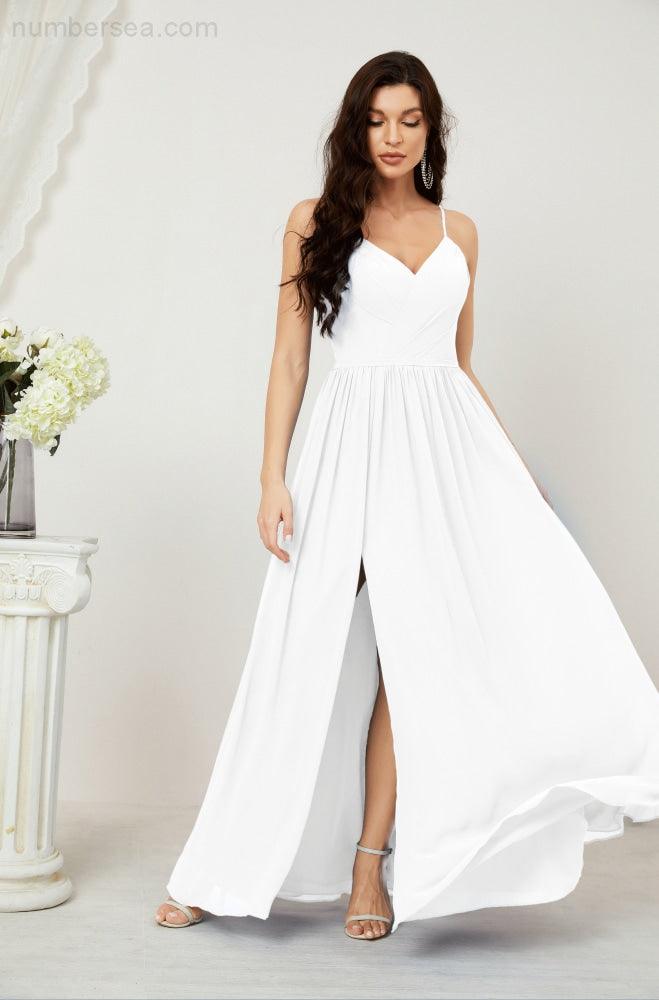 Numbersea Neck Bridesmaid Dresses Chiffon Long Spaghetti A-line Formal Prom Gown for Wedding Party Evening 2801-numbersea