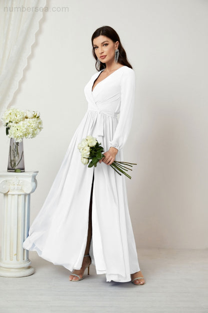 Numbersea Evening Dresses Deep V-Neck Chiffon Bridesmaid Dresses Long Bishop Sleeve Side Split Formal Dress 2806-numbersea