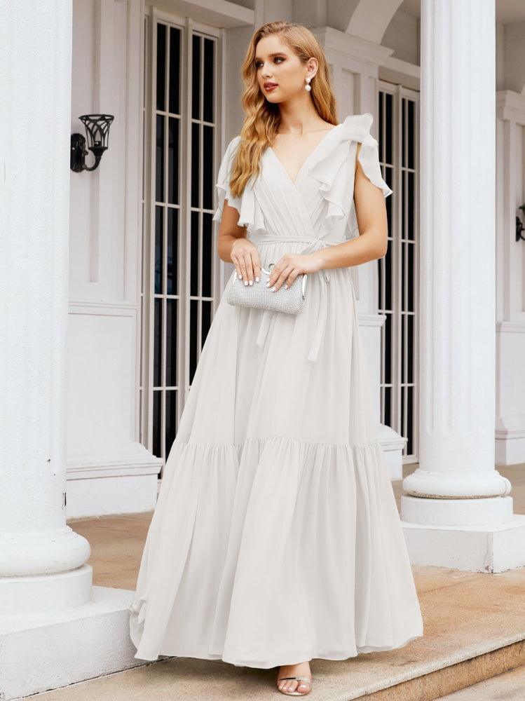 Numbersea Women's Open Back Formal Evening Party Prom Gowns V-Neck Long Chiffon Bridesmaid Dresses with Waist Belt 28038-numbersea