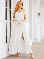Numbersea Off The Shoulder Chiffon Bridesmaid Dress Long Formal Graduation Gown with Cowl Back 28069-numbersea
