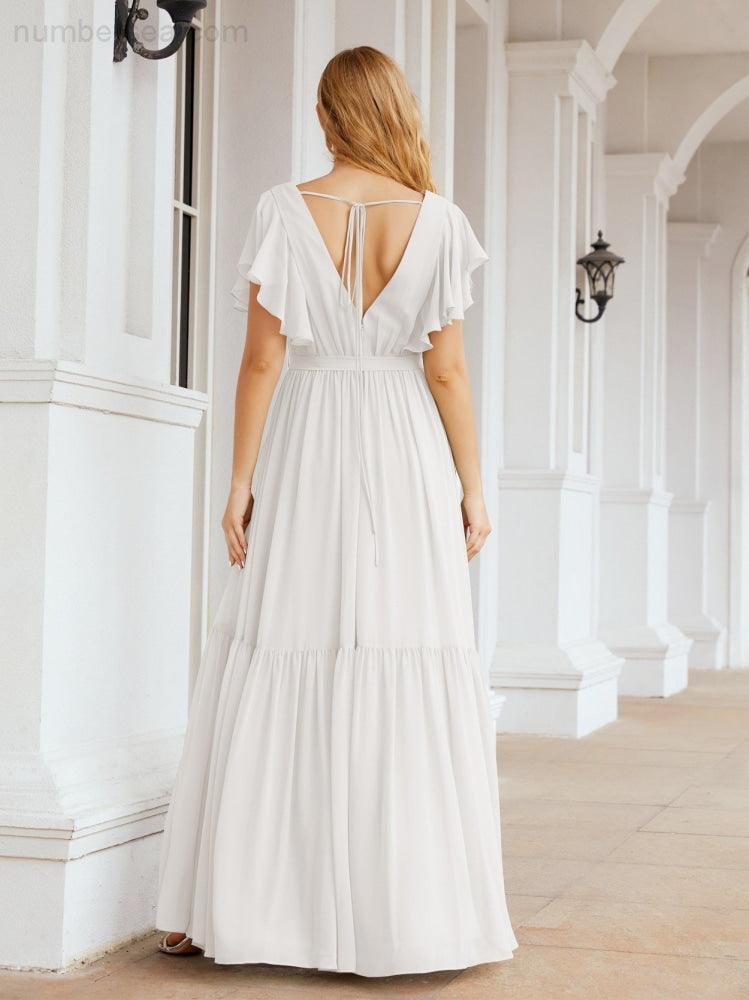 Numbersea Women's Open Back Formal Evening Party Prom Gowns V-Neck Long Chiffon Bridesmaid Dresses with Waist Belt 28038-numbersea