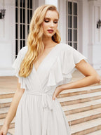 Numbersea Women's Open Back Formal Evening Party Prom Gowns V-Neck Long Chiffon Bridesmaid Dresses with Waist Belt 28038-numbersea