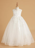 Vestido de niña de flores de tul y encaje color marfil, largo hasta el suelo y elegante lazo (2003227417) 