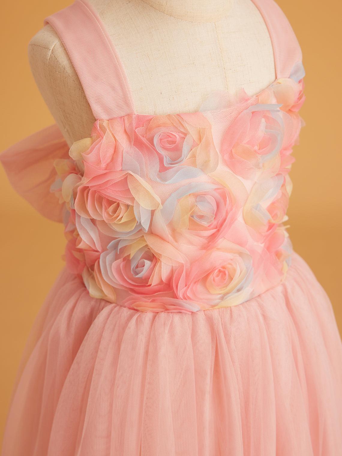Enchanted Garden Girl Baby Toddler 3D Flower Embellishment Floral Applique Tulle Bow Dress