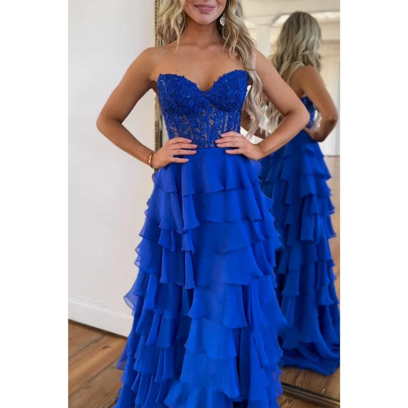 Sweetheart Strapless A-line Appliques Tiered Party Prom Evening Dress