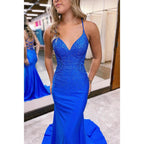 Vestido de fiesta largo de sirena con escote en V pronunciado y cuentas 