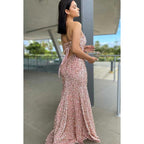 Vestido de fiesta largo con escote en forma de corazón, sin tirantes, con lentejuelas y abertura en el muslo