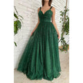 Vestido de fiesta largo verde brillante con lentejuelas y tirantes finos para mujer con bolsillos 