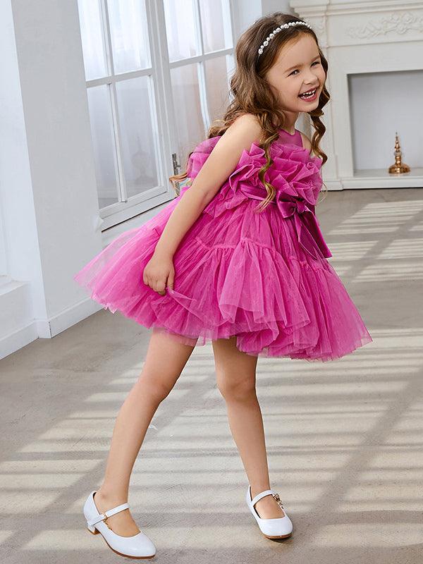 Vestido de niña de flores de tul rosa, sin mangas, con lazo, estilo princesa (010224355) 