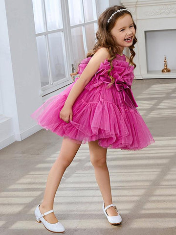 Vestido de niña de flores de tul rosa, sin mangas, con lazo, estilo princesa (010224355) 