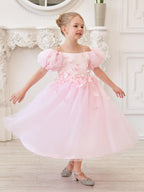 Vestido de tul para niña de las flores, largo hasta la rodilla, con mangas abullonadas y hombros descubiertos, apliques florales 3D 