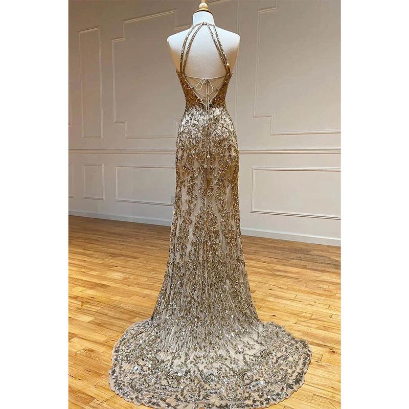 Vestido de fiesta largo con cuello halter y cuentas doradas, corte tubo/columna, vestido formal de noche 