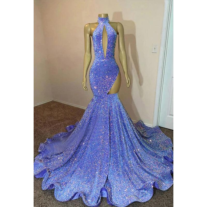 Glamouröses und dramatisches Ballkleid im Meerjungfrau-Stil mit hohem Halsausschnitt, ärmellos und Rüschen
