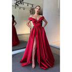 Vestido de fiesta único de satén con hombros descubiertos, corte A y bolsillos 