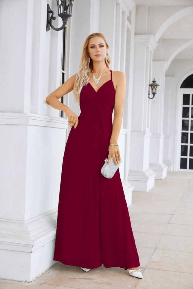 Ladies Chiffon Spaghetti Strap V Neck Front Slit Floor Length Bridesmaid Evening Dress Prom Party Wedding Evening Dress 28116-numbersea