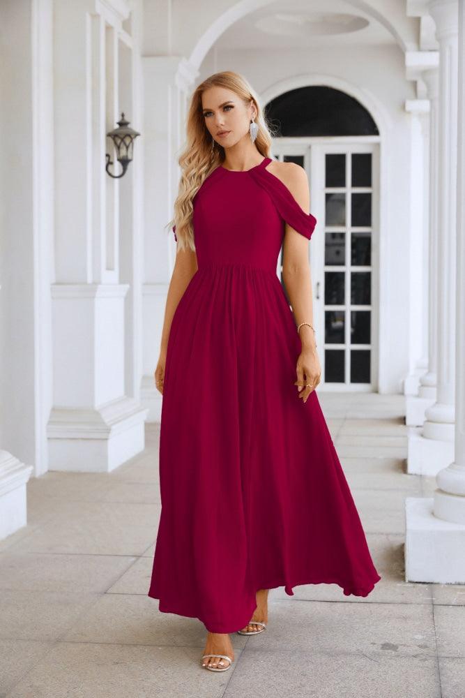 Ladies Chiffon Off Shoulder Swing Sleeve Front Slit Bridesmaid Evening Dress Wedding Party Evening Dress 28117-numbersea