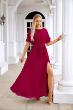 Ladies Chiffon Sleeve Crew Neck Front Slit Floor Length Bridesmaid Evening Dress Wedding Party Evening Dress 28124-numbersea