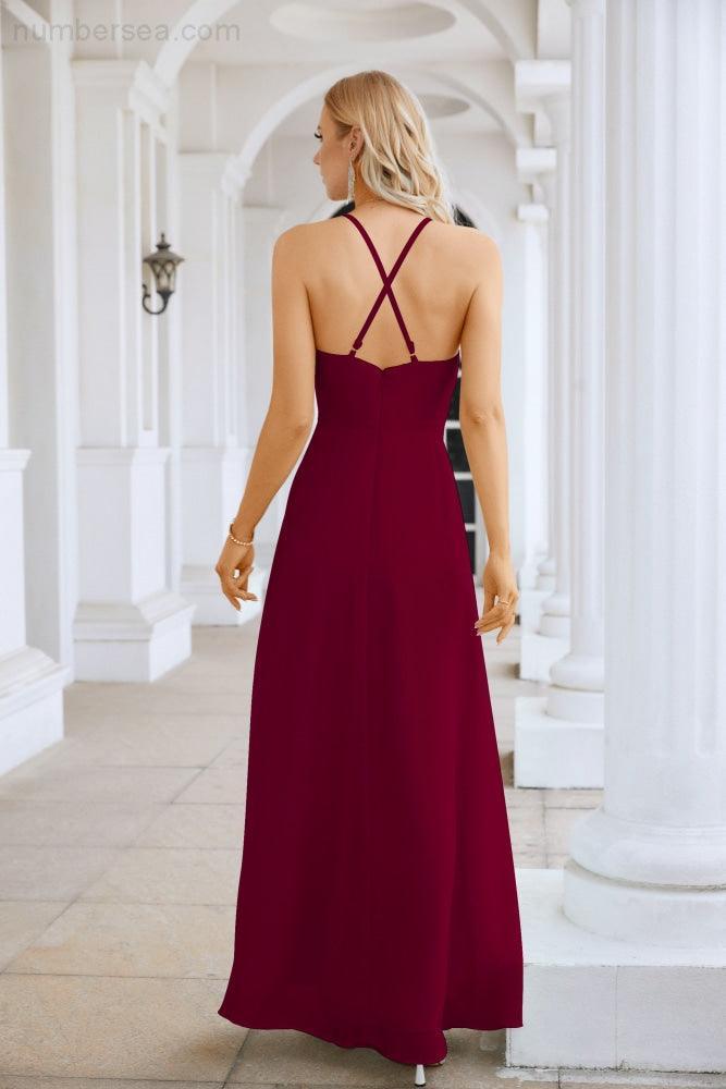 Ladies Chiffon Spaghetti Strap V Neck Front Slit Floor Length Bridesmaid Evening Dress Prom Party Wedding Evening Dress 28116-numbersea