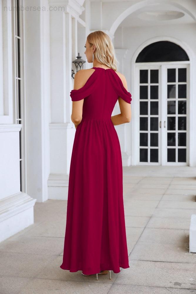 Ladies Chiffon Off Shoulder Swing Sleeve Front Slit Bridesmaid Evening Dress Wedding Party Evening Dress 28117-numbersea