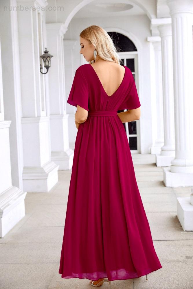 Ladies Chiffon Sleeve Crew Neck Front Slit Floor Length Bridesmaid Evening Dress Wedding Party Evening Dress 28124-numbersea