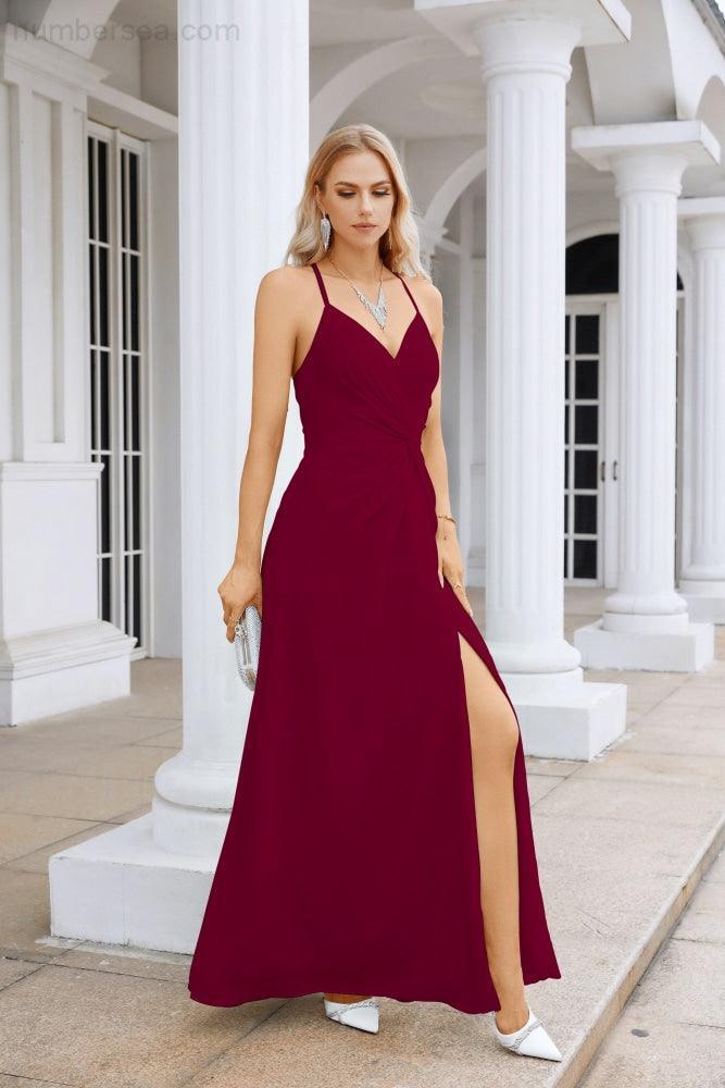 Ladies Chiffon Spaghetti Strap V Neck Front Slit Floor Length Bridesmaid Evening Dress Prom Party Wedding Evening Dress 28116-numbersea
