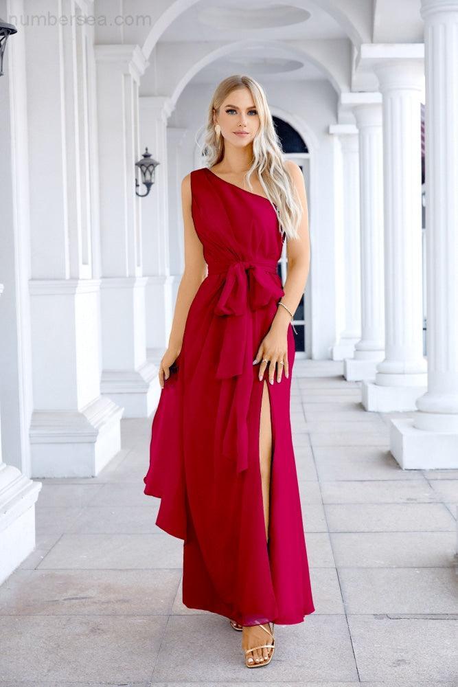 Ladies Chiffon One Shoulder Bridesmaid Evening Dress Wedding Party Evening Dress 28133-numbersea