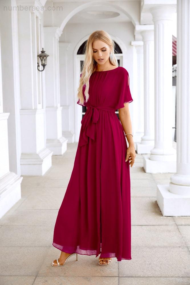 Ladies Chiffon Sleeve Crew Neck Front Slit Floor Length Bridesmaid Evening Dress Wedding Party Evening Dress 28124-numbersea