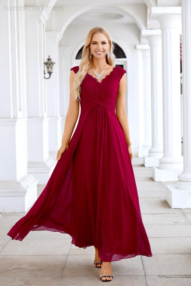 Ladies Chiffon V Neck Sleeveless Floor Length Bridesmaid Evening Dress Wedding Party Evening Dress 28126-numbersea