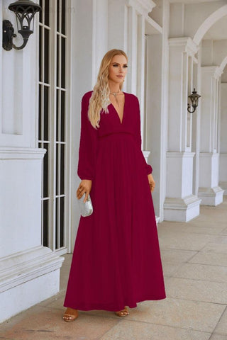 Ladies V Neck Chiffon Long Sleeve Front Slit Bridesmaid Evening Dress Wedding Party Shopping Evening Dress 28109-numbersea