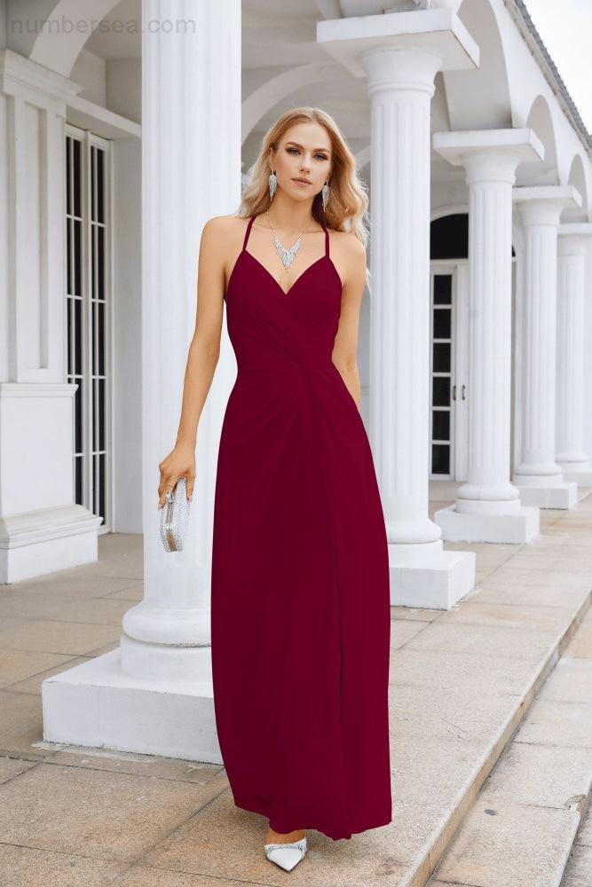 Ladies Chiffon Spaghetti Strap V Neck Front Slit Floor Length Bridesmaid Evening Dress Prom Party Wedding Evening Dress 28116-numbersea